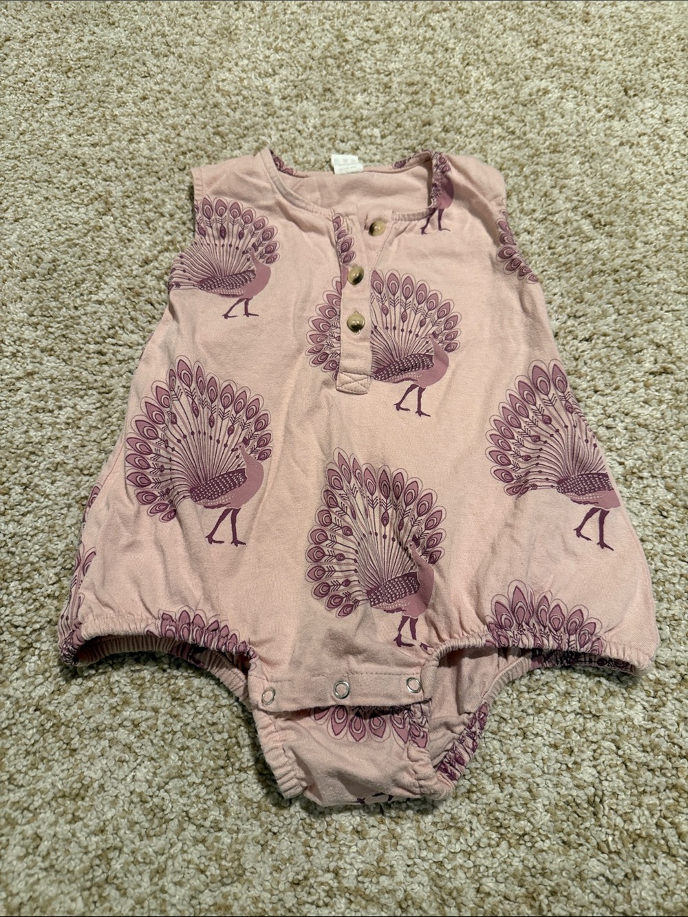 kate quinn Pink Romper with Purple Peacock Print